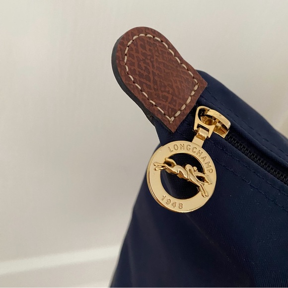 $150 Longchamp Le Pliage Navy Blue Nylon Brown Leather Tote Satchel Bag - Picture 6 of 16